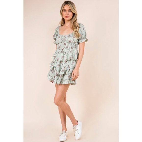 Sage Green Floral Print Puff Sleeve Top and Tiered Ruffle Flowy Mini Skirt SET - Picture 5 of 5